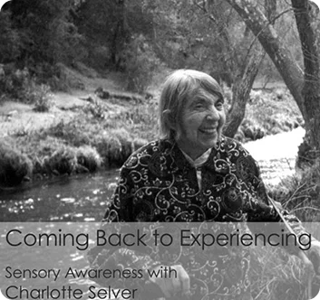 Portrait of Charlotte Selver, founder of Sensory Awareness, seated and speaking thoughtfully during a class or talk.